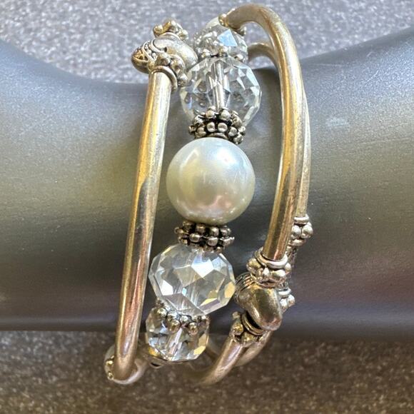 Silver Tone Hearts, Spacers, Pearls, Faceted Clear Beads Wrap Bracelet - Picture 1 of 5